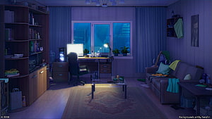 Cozy Anime Bedroom Interior With City View At Night HD wallpaper