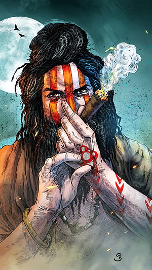 Illustration of a bearded man with dreadlocks and orange face paint smoking a large cigar under a full moon, Mahadev , Mahakal HD phone wallpaper