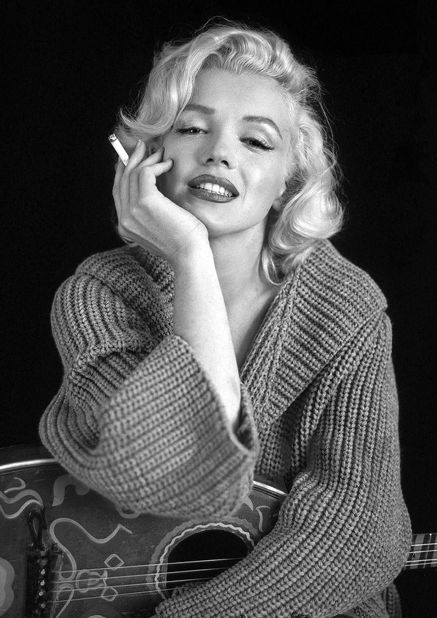 Marilyn Monroe in a Knit Sweater Holding a Guitar and Cigarette HD phone wallpaper