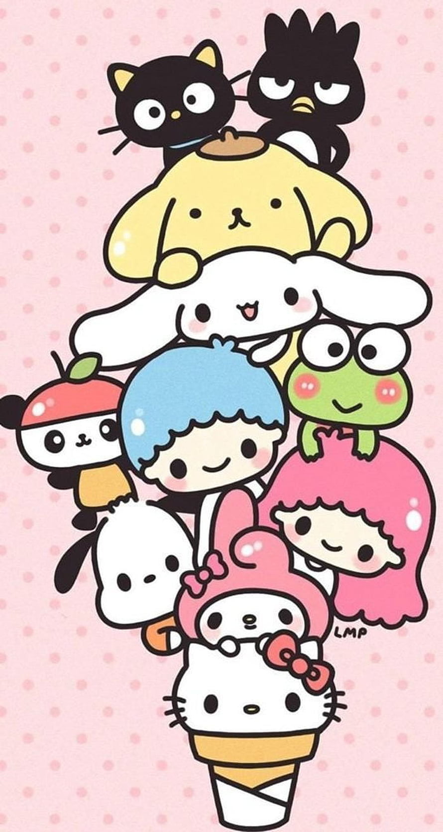 Cute Sanrio Character Stacked Ice Cream Cone Illustration on Pink Polka Dot Background HD phone wallpaper