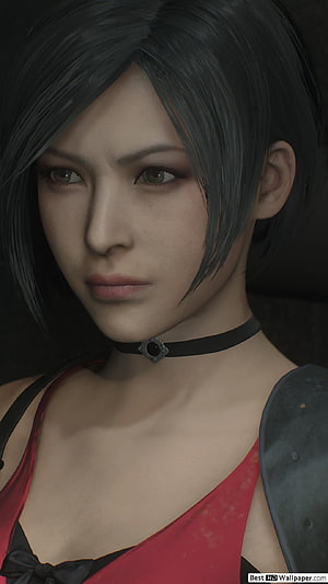 Ada Wong Close-Up Portrait in Red Dress and Black Choker from Resident Evil 2 HD phone wallpaper