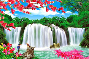 Vibrant Waterfall Landscape With Cherry Blossoms And Colorful Birds HD wallpaper