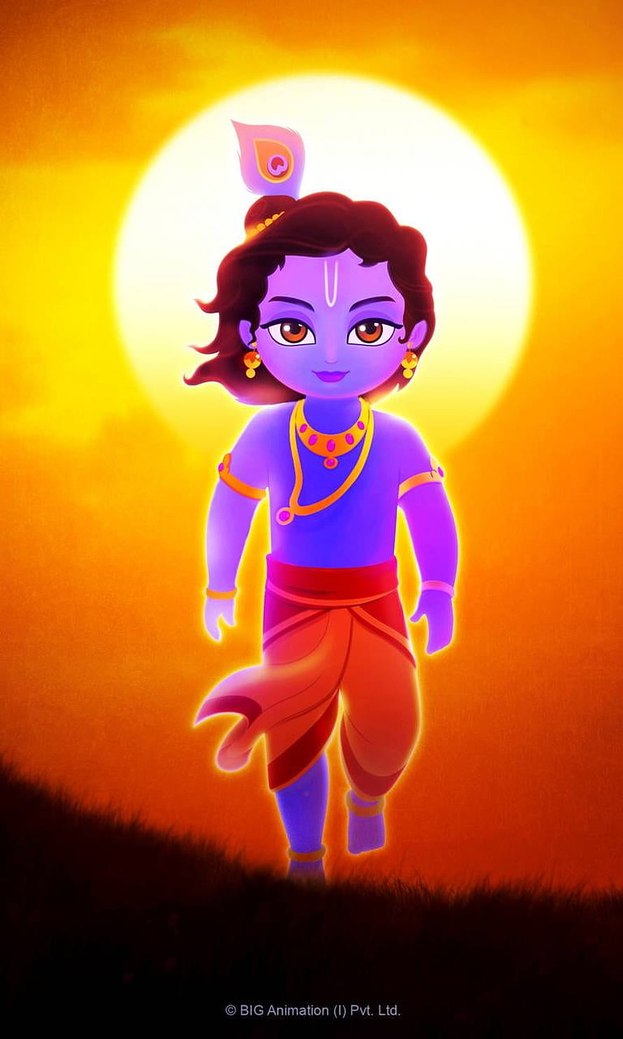 Little Krishna Walking Silhouette Against Golden Sunset Background HD phone wallpaper
