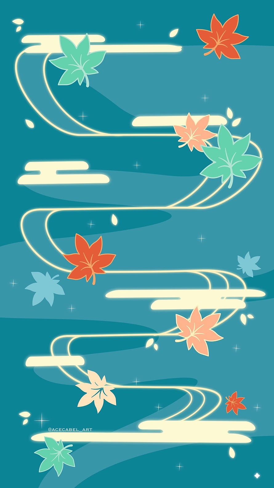 Abstract Autumn Maple Leaves Falling on Teal Background with Glowing Lines HD phone wallpaper