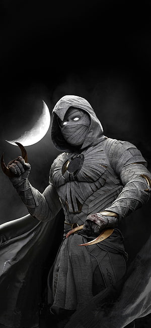 Moon Knight Marvel Character Holding Crescent Blades Under Night Sky HD phone wallpaper