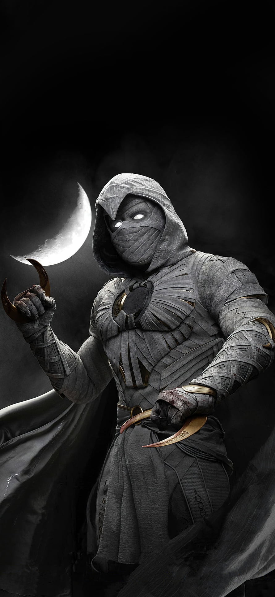 Moon Knight Marvel Character Holding Crescent Blades Under Night Sky HD phone wallpaper