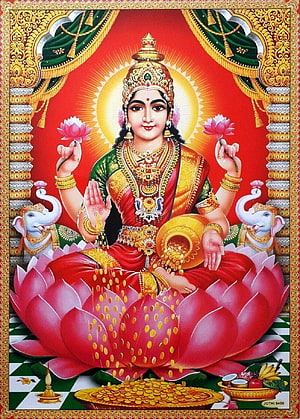 Goddess Lakshmi Seated on Lotus with Elephants and Gold Coins HD phone wallpaper