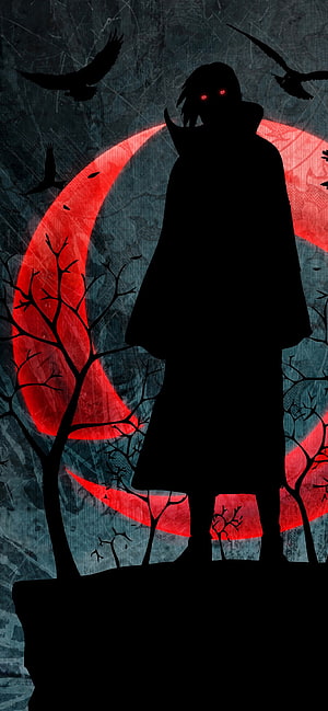 Itachi Uchiha Silhouette with Glowing Red Sharingan Eyes Against a Blood Moon and Crows HD phone wallpaper