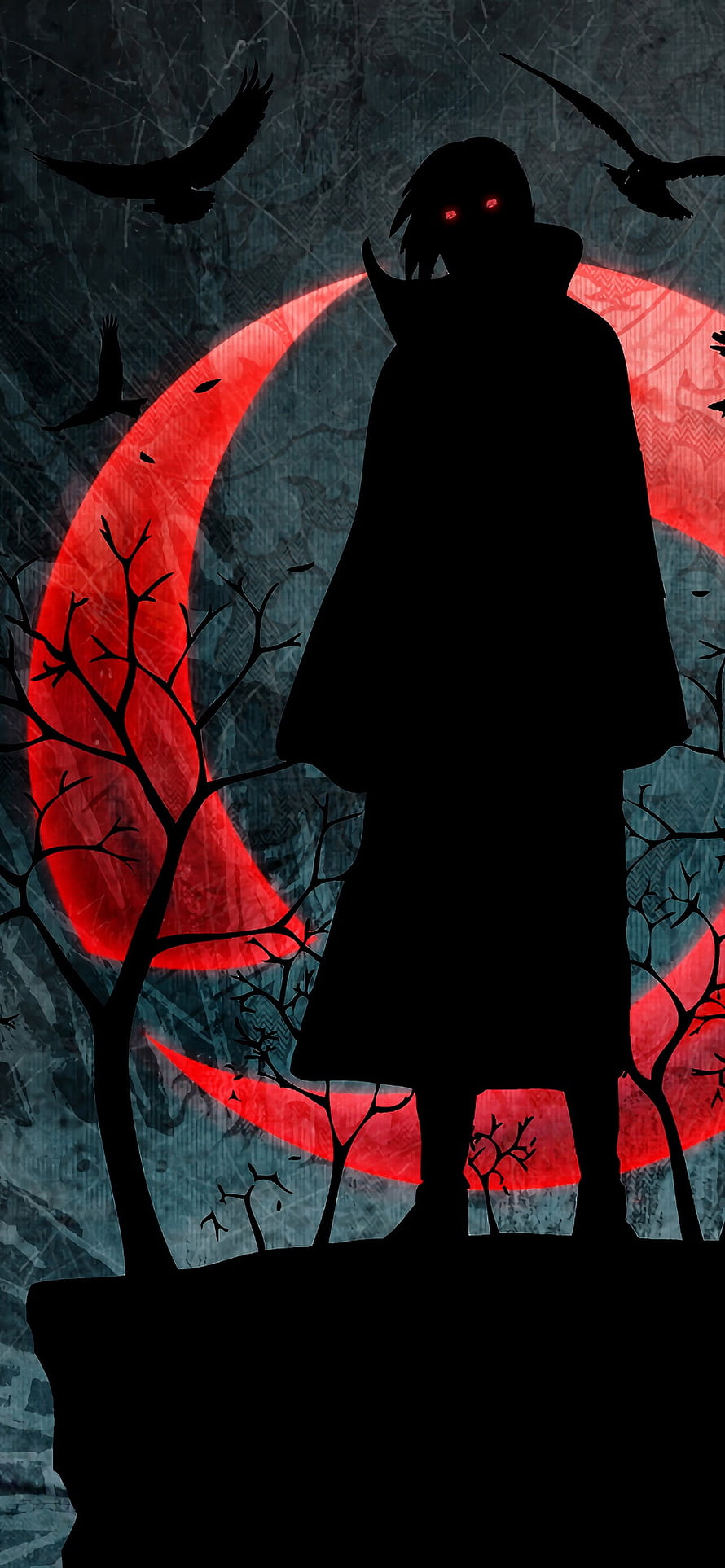 Itachi Uchiha Silhouette with Glowing Red Sharingan Eyes Against a Blood Moon and Crows HD phone wallpaper