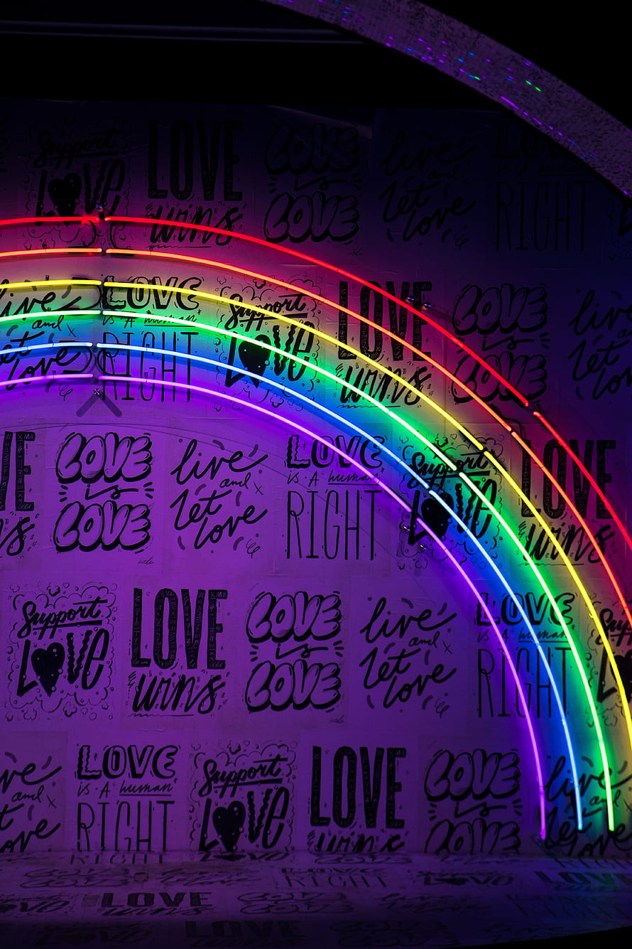 Rainbow Neon Arch Over Wall of Handwritten Love and Human Rights Typography, Neon, Rainbow, Words, Wall, Backlight, Illumination, Lettering, Inscriptions HD phone wallpaper