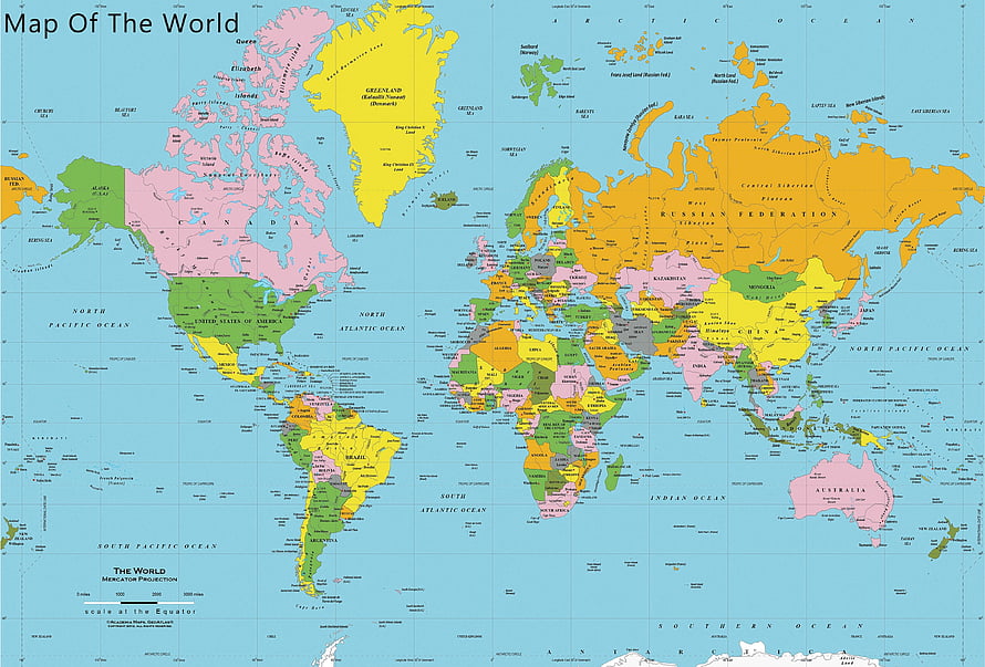 Colorful Political World Map With Country Borders And Ocean Names HD wallpaper