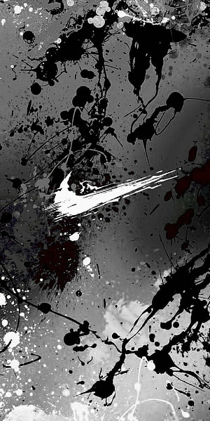 Abstract Black Ink Splatter Art with Red Accents and White Brush Strokes on Grey Background HD phone wallpaper