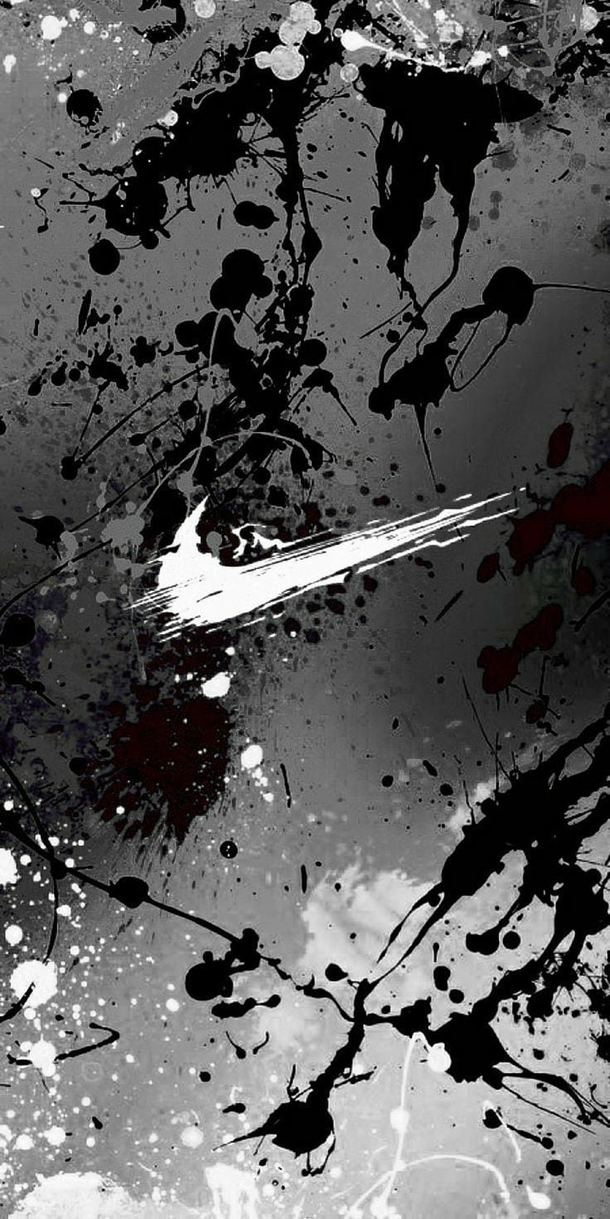 Abstract Black Ink Splatter Art with Red Accents and White Brush Strokes on Grey Background HD phone wallpaper