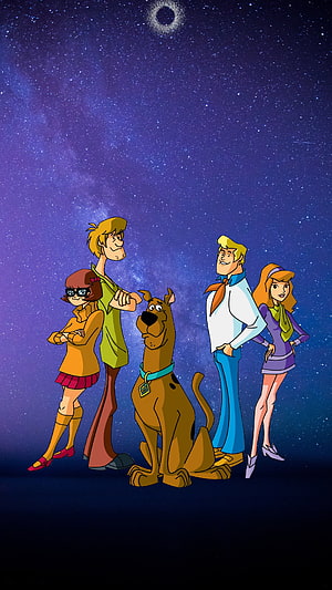 Scooby-Doo Mystery Inc. Gang Standing Under a Starry Night Sky with Eclipse HD phone wallpaper
