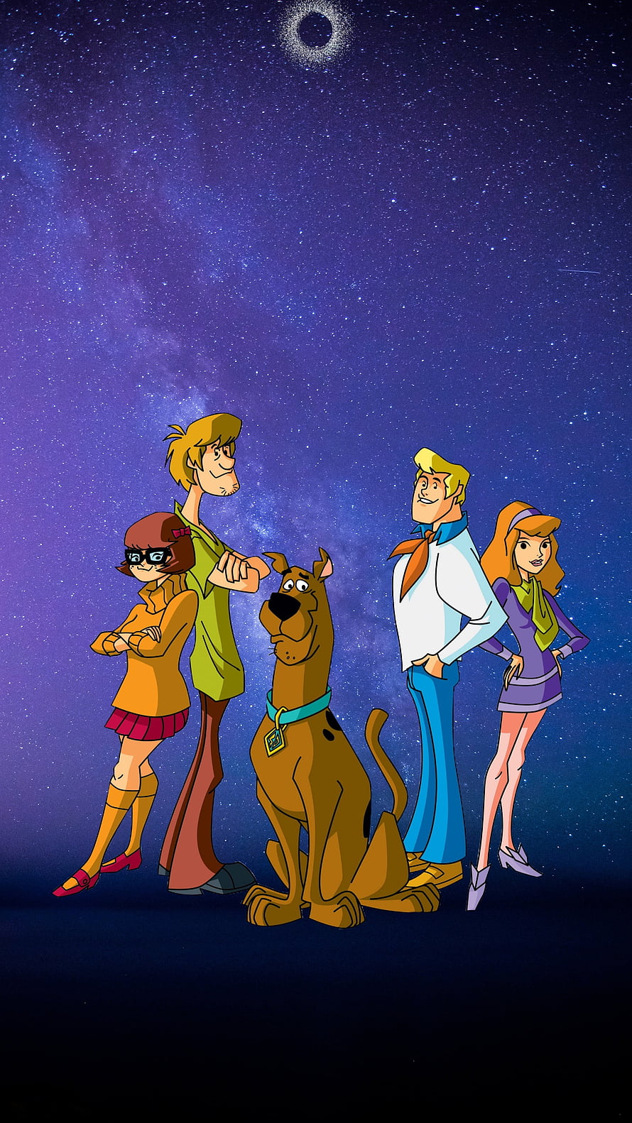 Scooby-Doo Mystery Inc. Gang Standing Under a Starry Night Sky with Eclipse HD phone wallpaper