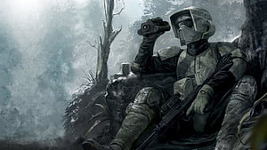 Star Wars Clone Trooper Soldier With Rifle And Binoculars In Misty Forest HD wallpaper