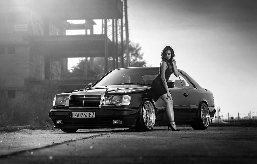Black and White Photo of Woman Leaning on Mercedes-Benz W124 Coupe, Girl, Model, Coupe, Mercedes - Benz, W124 HD wallpaper