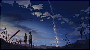 Two Silhouetted Figures Gazing at a Dramatic Twilight Sky in Five Centimeters Per Second HD wallpaper