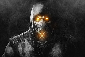 Smoke Character Portrait from Mortal Kombat with Glowing Eyes and Dark Hooded Armor HD wallpaper