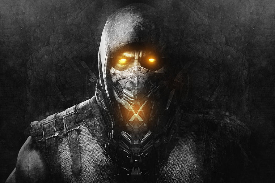 Smoke Character Portrait from Mortal Kombat with Glowing Eyes and Dark Hooded Armor HD wallpaper