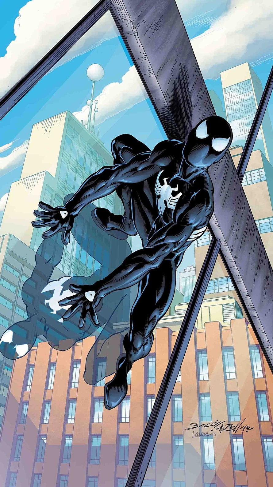 Venom in Black Symbiote Suit Crawling on Glass Building Facade HD phone wallpaper