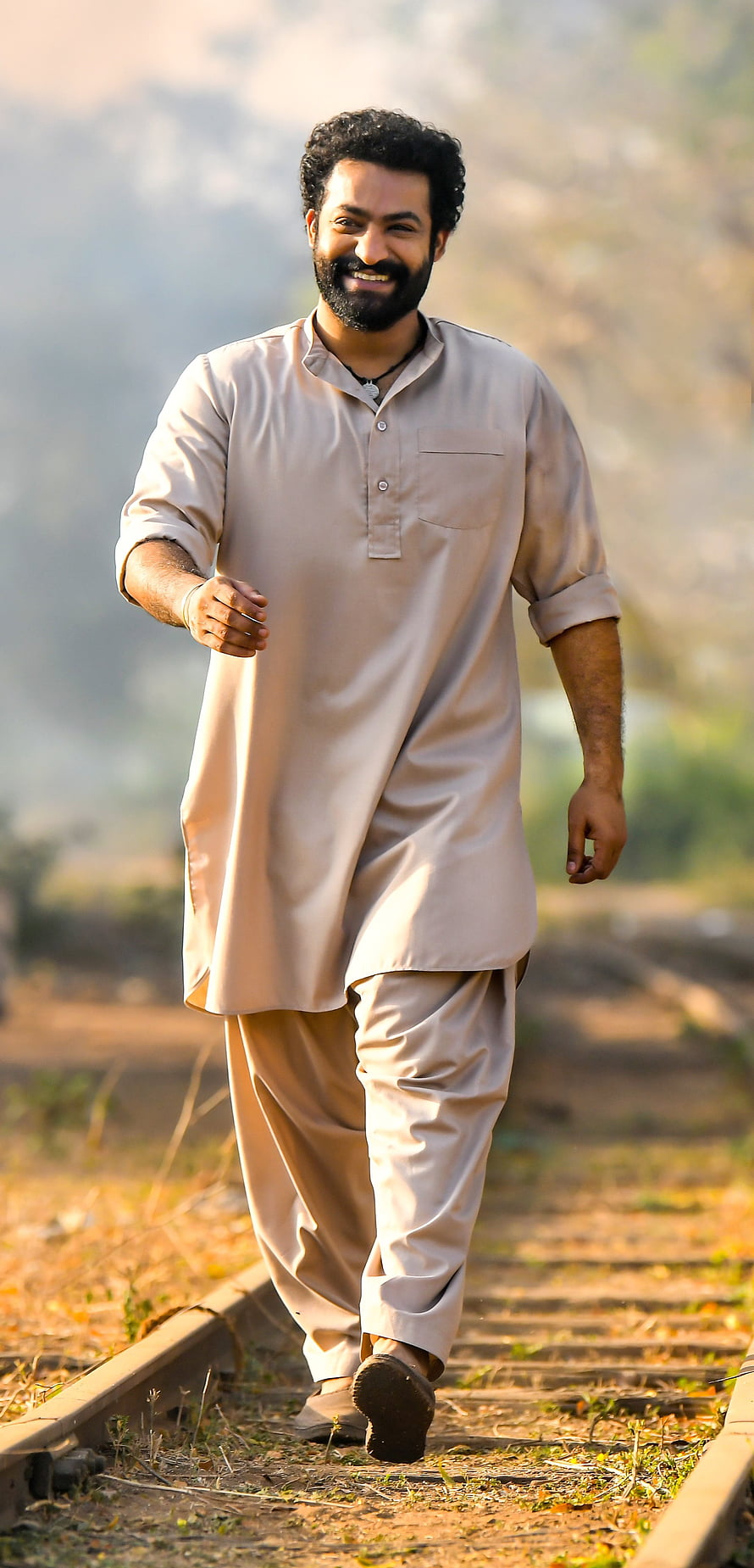 Rana Daggubati Walking on Train Tracks in Traditional Beige Kurta Pyjama HD phone wallpaper