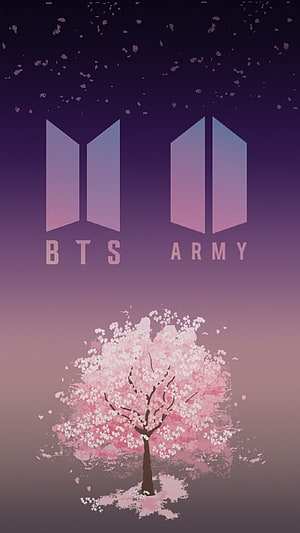 BTS Army Logo With Pink Cherry Blossom Tree On Purple Gradient Background HD phone wallpaper