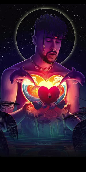 Bad Bunny Cofre Artwork: Glowing Heart, Dolphins, and Celestial Halo in Neon Digital Illustration HD phone wallpaper