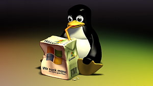 Tux the Linux Penguin Drinking from a Windows XP Juice Box HD wallpaper