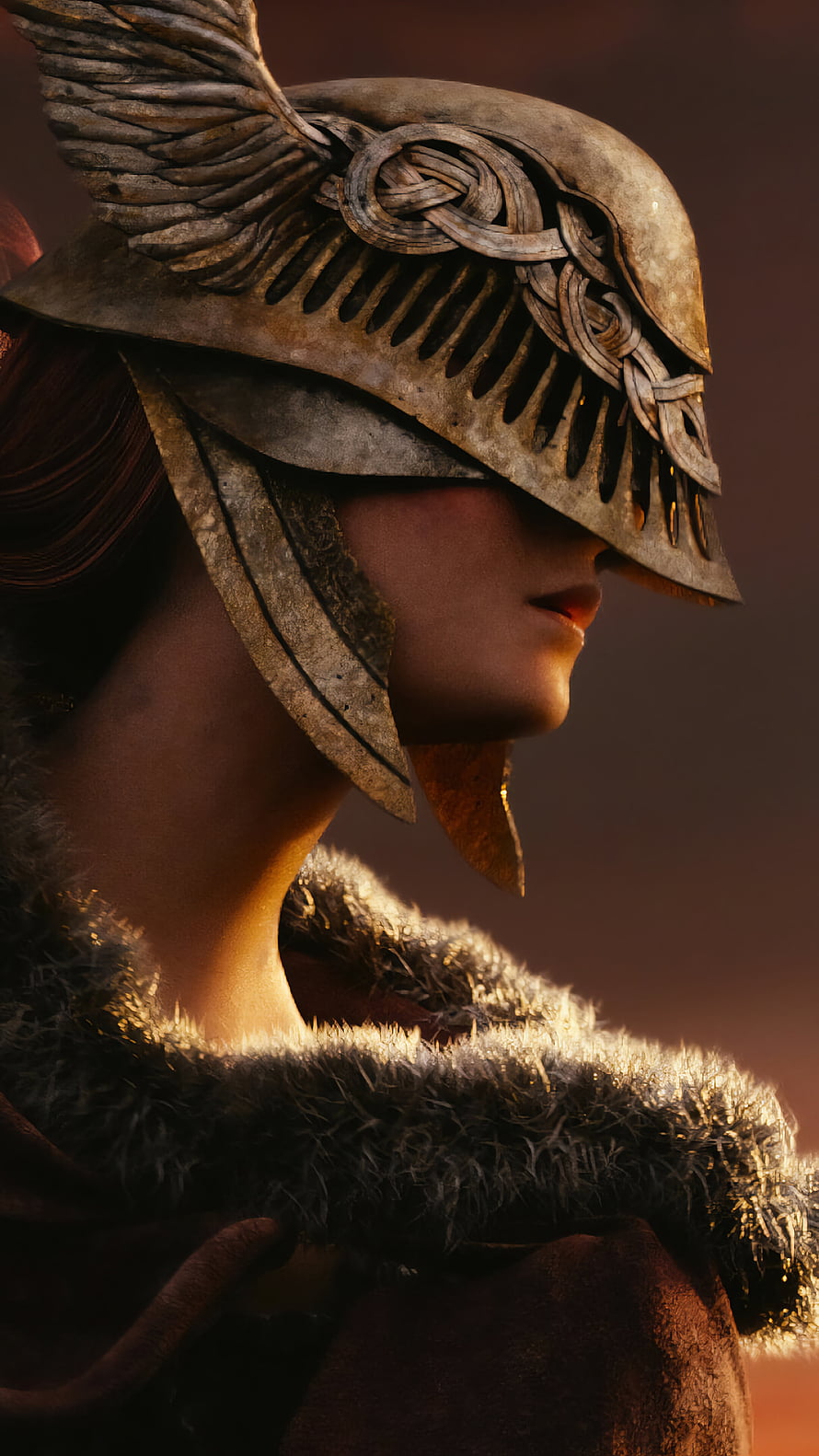 Elden Ring Warrior in Ornate Winged Helmet with Fur Cloak in Warm Cinematic Light HD phone wallpaper