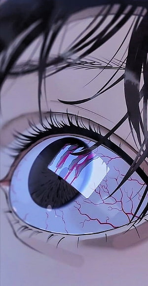 Close-up of a detailed anime eye with red veins and a dramatic reflection in the iris HD phone wallpaper