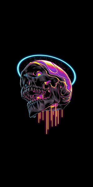 Neon Alien Skull With Glowing Halo And Dripping Light Effect HD phone wallpaper