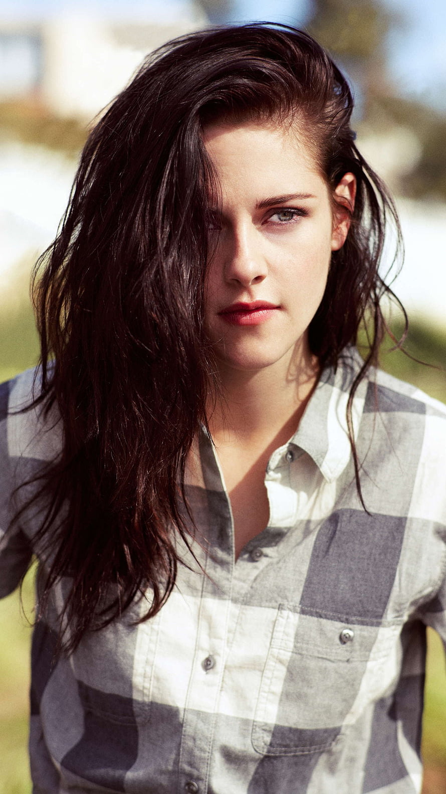 Kristen Stewart Portrait in Plaid Shirt with Windblown Hair HD phone wallpaper