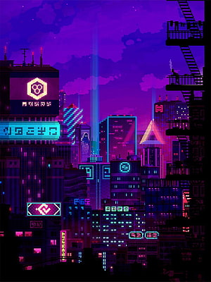 Pixel Art Cyberpunk Cityscape with Neon Lights and Futuristic Skyscrapers HD phone wallpaper