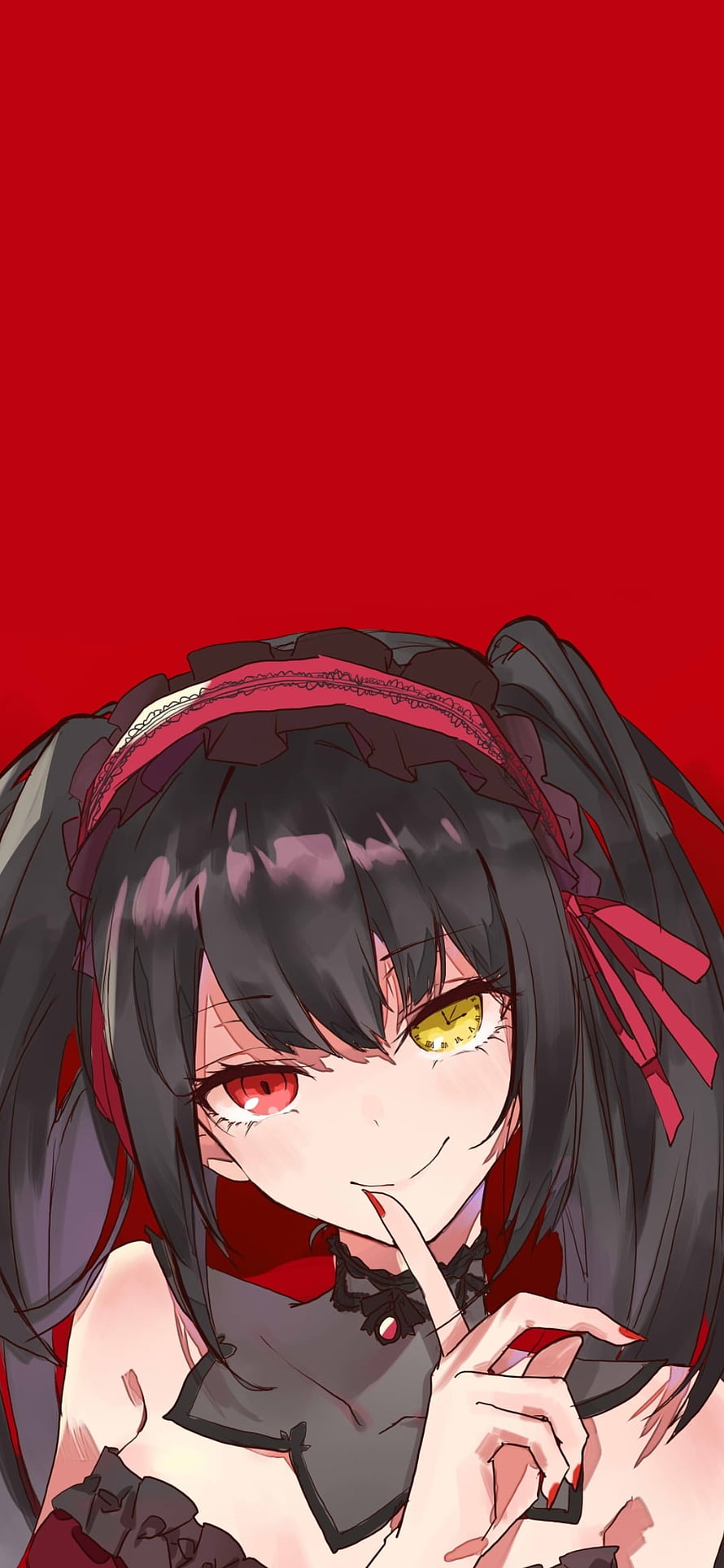 Kurumi Tokisaki Anime Character Portrait With Heterochromia Eyes And Red Background HD phone wallpaper