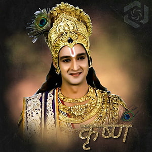 Portrait of Lord Krishna wearing golden crown and peacock feather HD phone wallpaper