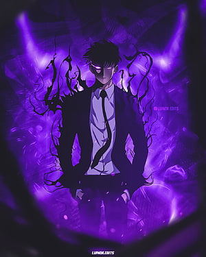 Anime Male Character in Suit with Purple Energy Aura and Dark Tendrils HD phone wallpaper