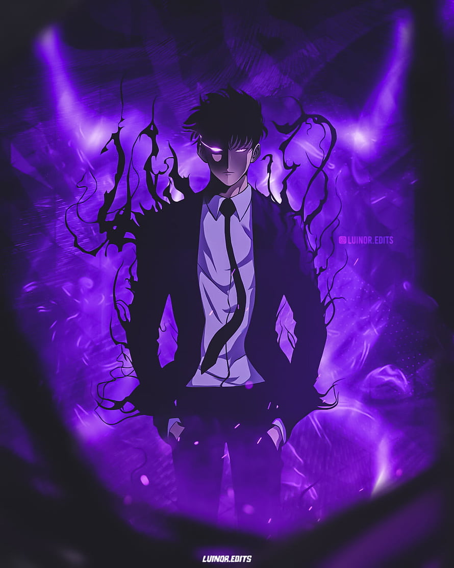 Anime Male Character in Suit with Purple Energy Aura and Dark Tendrils HD phone wallpaper