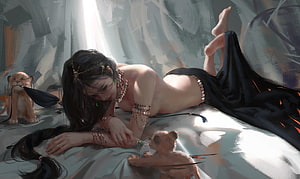 Digital painting of a beautiful woman with long black hair lying on a bed, adorned with gold jewelry and a black skirt, playing with two small lion cubs in a soft, ethereal light, Aeolian playing with lion cubs, leu, aeolian, fantasy, cub, girl, princess, ghostblade, lion HD wallpaper