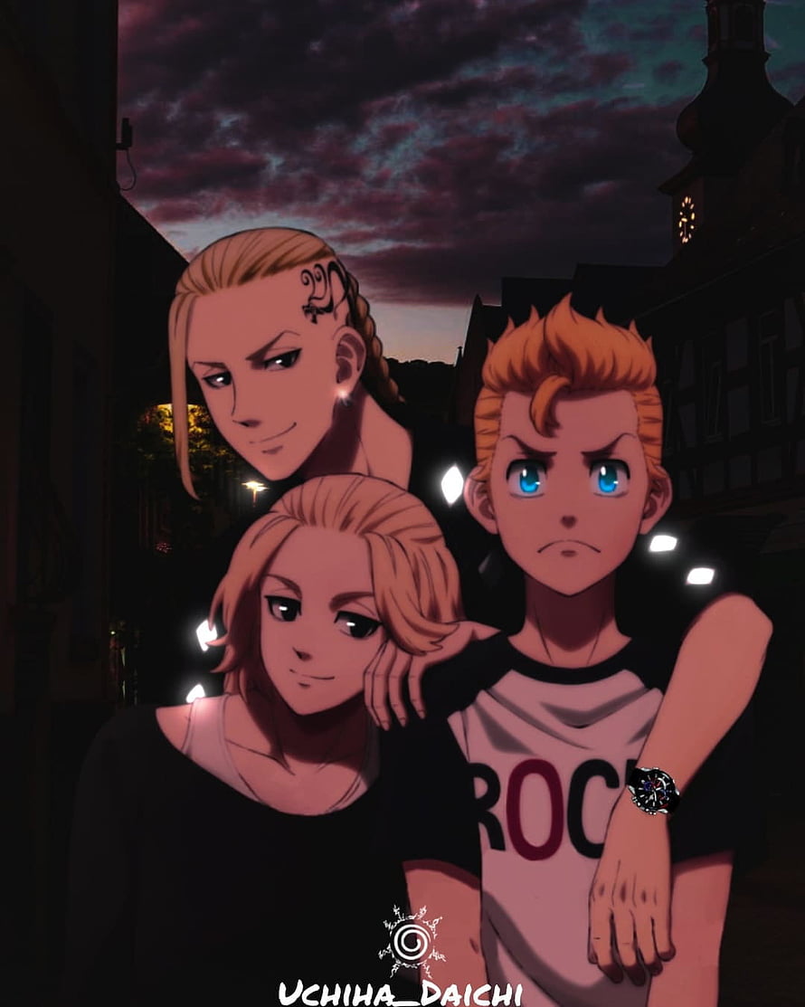 Tokyo Revengers Trio: Takemichi, Draken, and Mikey in a Moody Twilight Street Scene HD phone wallpaper