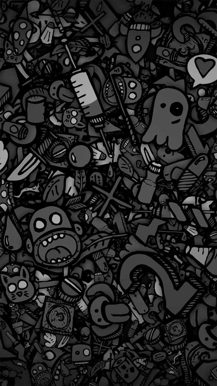 Dark Monochrome Doodle Art Pattern with Ghosts and Monsters HD phone wallpaper
