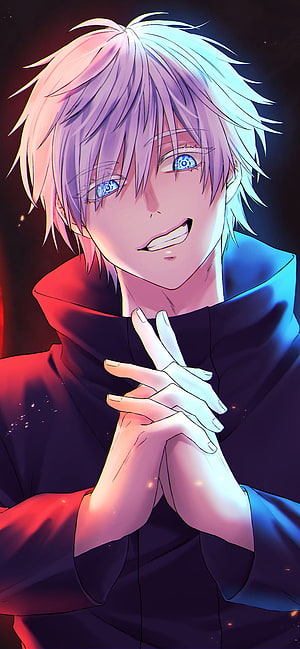 Gojo Satoru from Jujutsu Kaisen anime character portrait with glowing blue eyes and white hair HD phone wallpaper