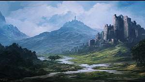 Epic Fantasy Landscape with Ancient Castle and Mountain River Valley HD wallpaper