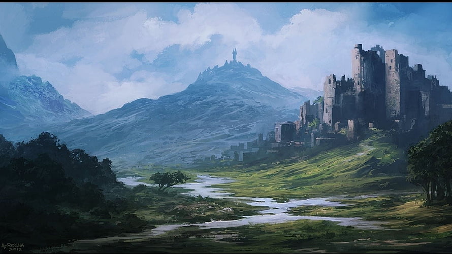 Epic Fantasy Landscape with Ancient Castle and Mountain River Valley HD wallpaper