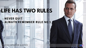 Harvey Specter in a dark suit standing in a modern office with motivational quote text overlay HD wallpaper