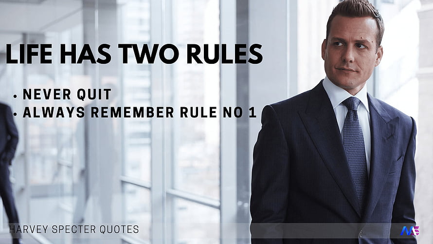 Harvey Specter in a dark suit standing in a modern office with motivational quote text overlay HD wallpaper