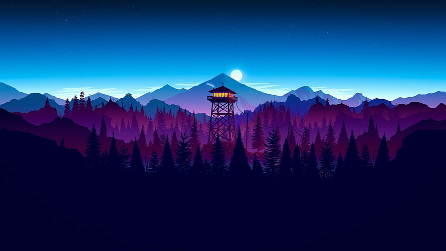 Illuminated Watchtower in a Purple Mountain Forest Under a Full Moon at Night HD wallpaper