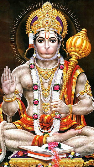 Hanuman Devotional Portrait with Gada and Sacred Text in Traditional Indian Art Style, Jay Hanuman for Android, Jai Hanuman HD phone wallpaper