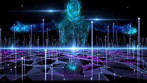 Glowing Digital Human Hologram Over Neon Geometric Grid Landscape, Trance Music, Music Dance HD wallpaper