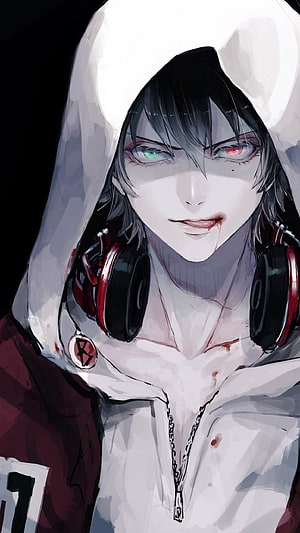 Joker from Persona 5 wearing a white hoodie and headphones with heterochromia HD phone wallpaper